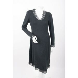 Vintage 70s Pat Richards Hostess Formal Knit Dress Black Knit Lace Trim Sz M